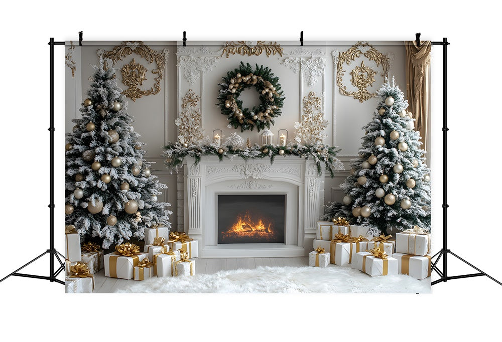 White Fireplace Christmas Trees Wreath Backdrop UK RR8-38