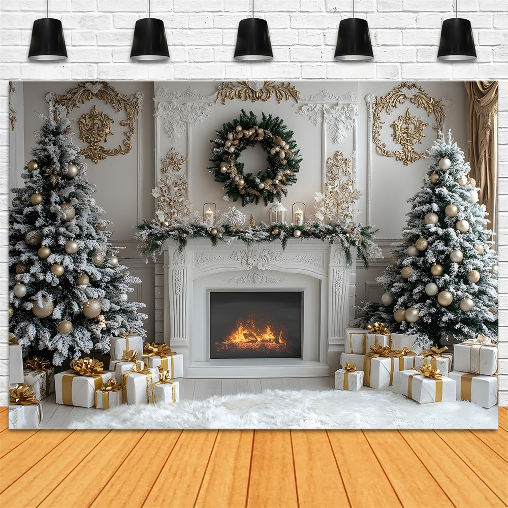 White Fireplace Christmas Trees Wreath Backdrop UK RR8-38