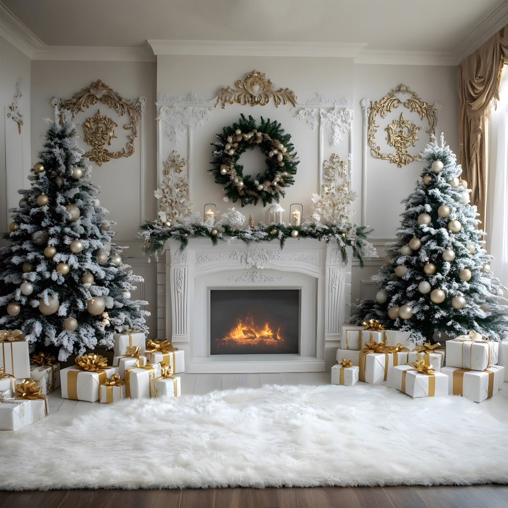 White Fireplace Christmas Trees Wreath Backdrop UK RR8-38