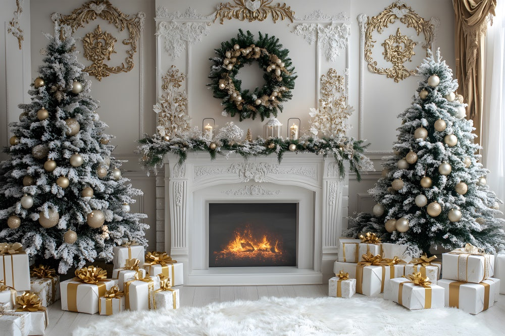 White Fireplace Christmas Trees Wreath Backdrop UK RR8-38