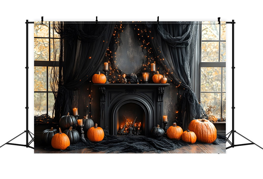 Halloween Black Fireplace Pumpkins Backdrop UK RR8-382