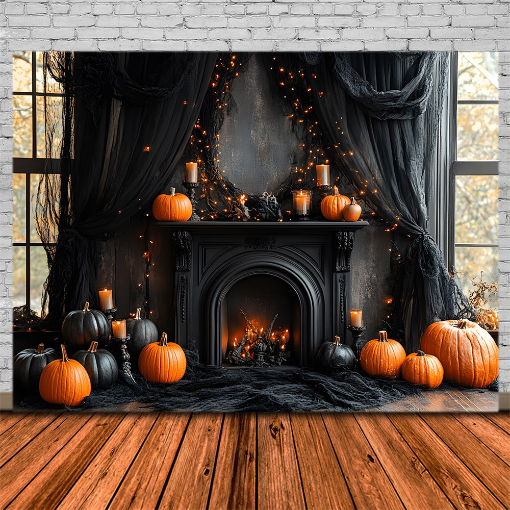 Halloween Black Fireplace Pumpkins Backdrop UK RR8-382