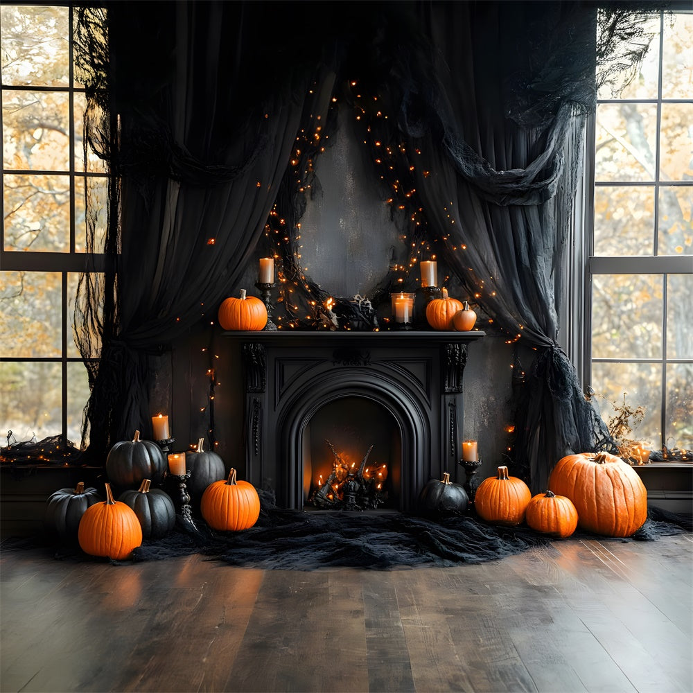 Halloween Black Fireplace Pumpkins Backdrop UK RR8-382