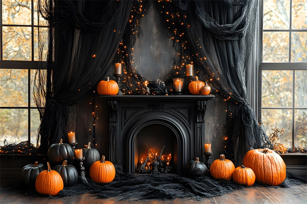 Halloween Black Fireplace Pumpkins Backdrop UK RR8-382