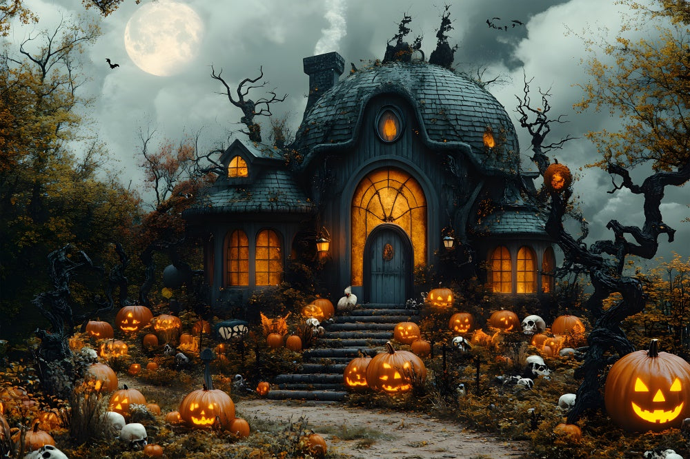 Halloween Horror Witch House Pumpkins Backdrop UK RR8-391