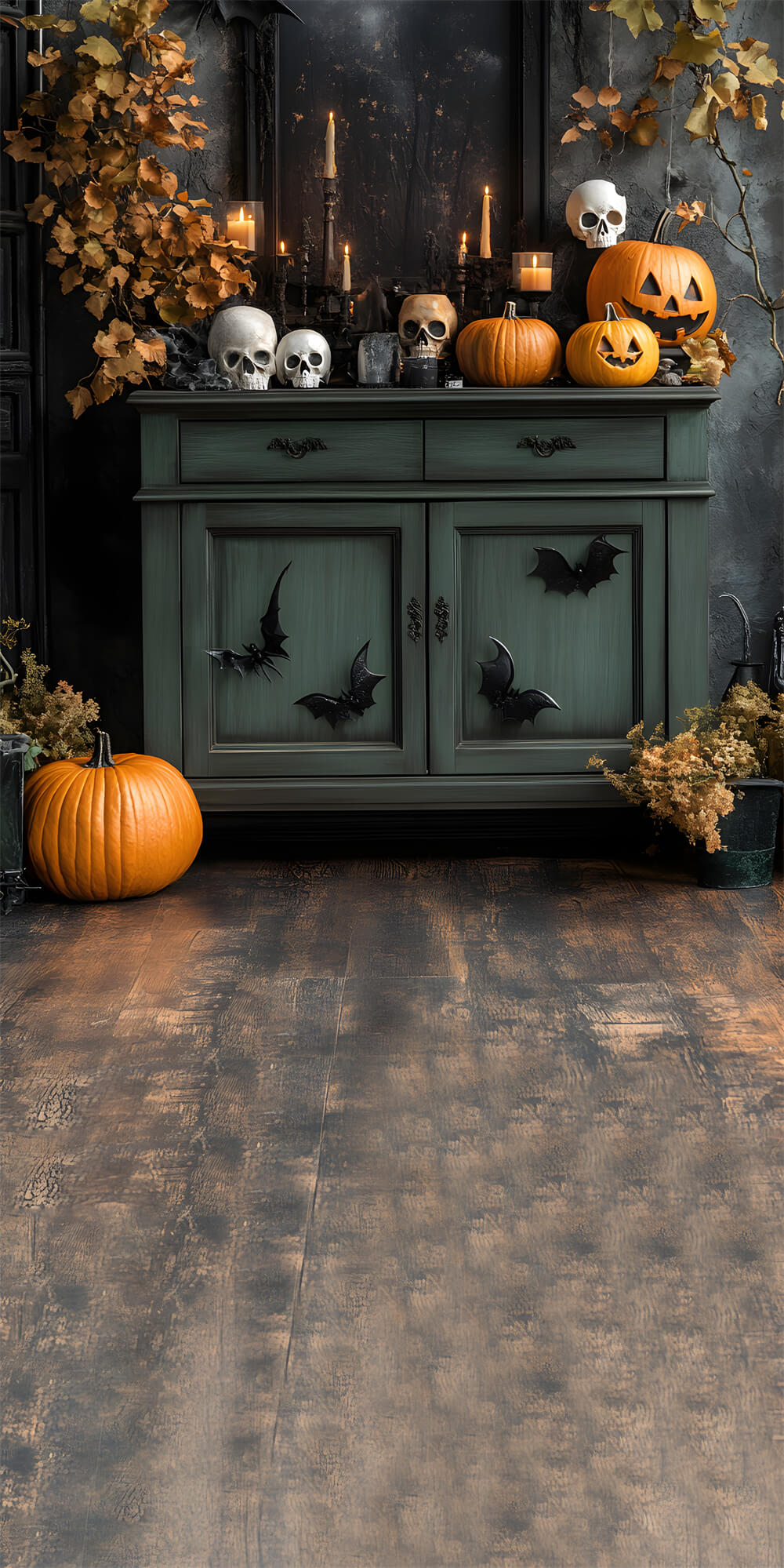 Halloween Wood Floor Sweep Pumpkin Bats Backdrop UK RR8-396