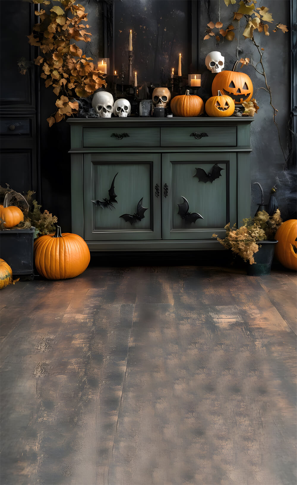 Halloween Wood Floor Sweep Pumpkin Bats Backdrop UK RR8-396