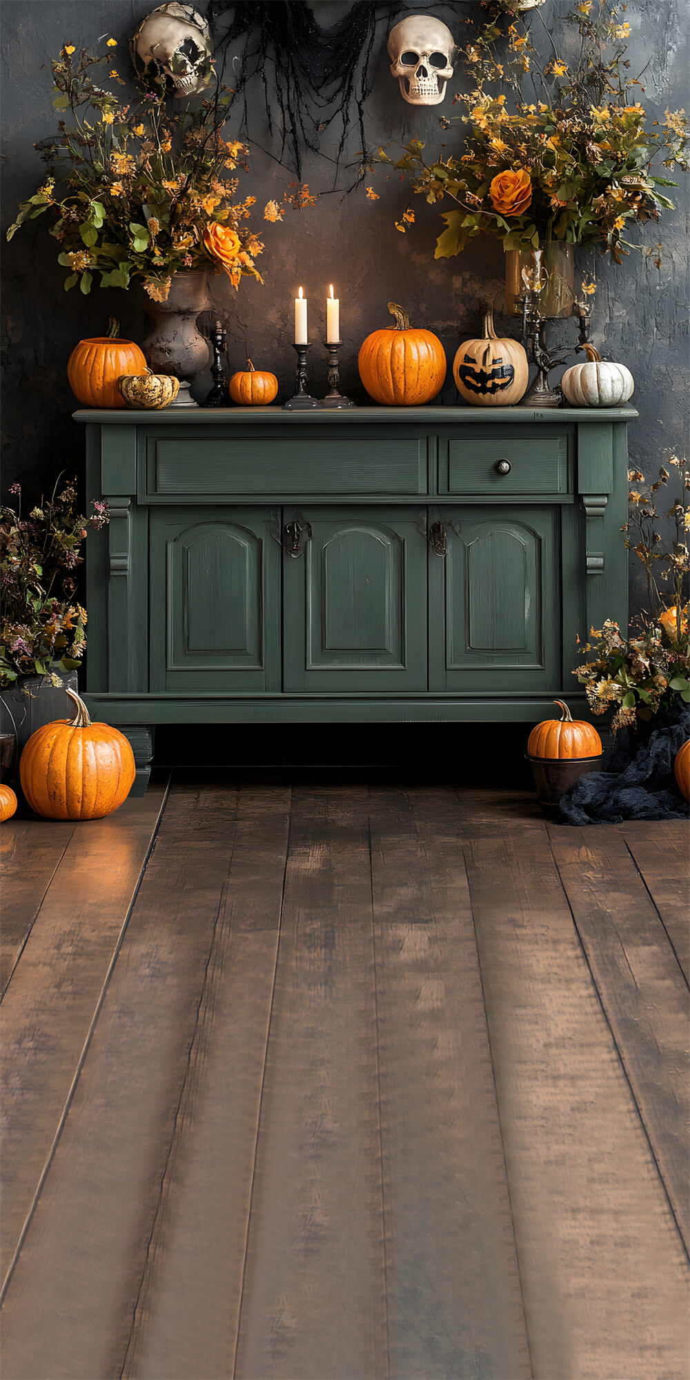 Halloween Pumpkin Candle Wood Floor Sweep Backdrop UK RR8-397