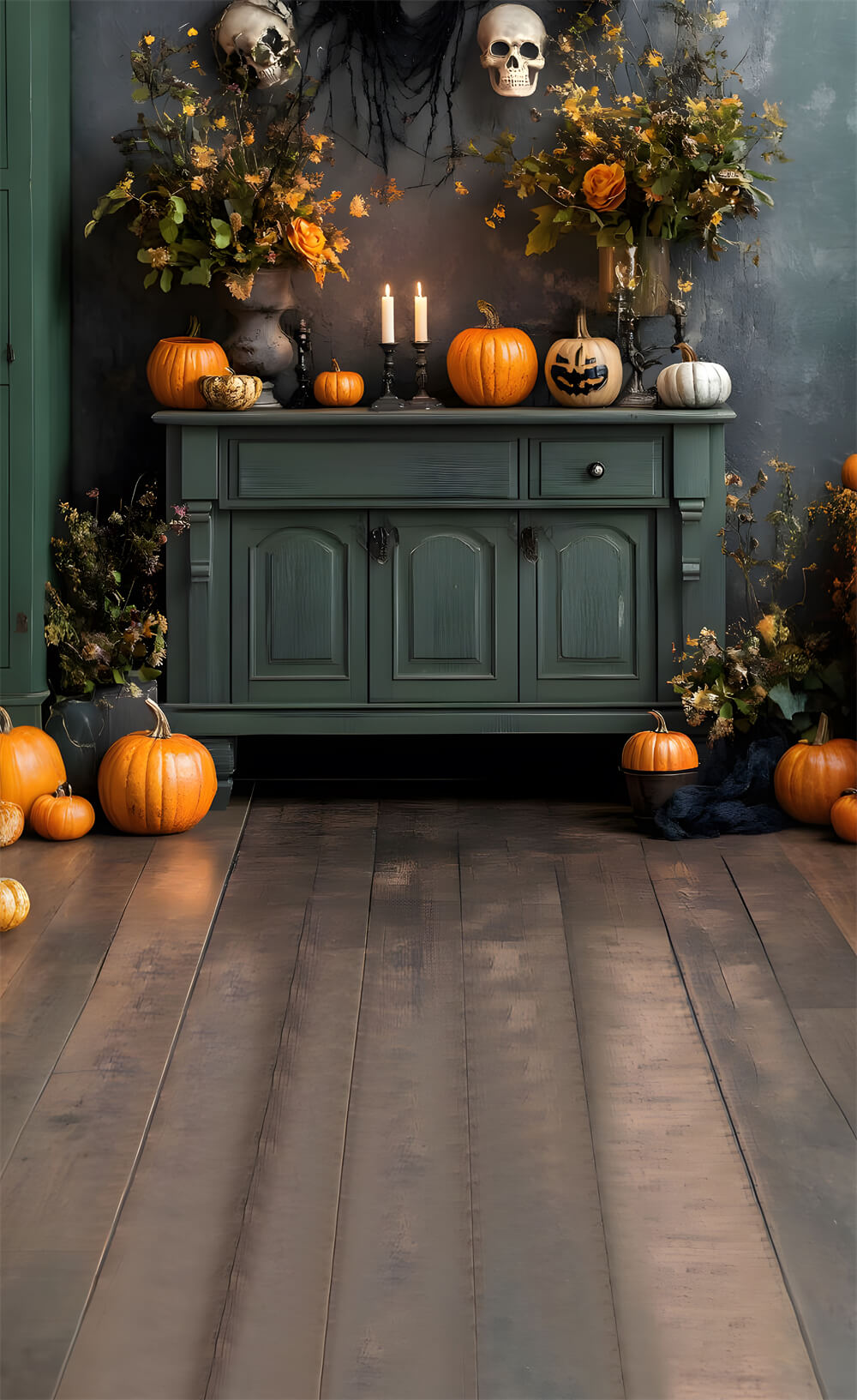 Halloween Pumpkin Candle Wood Floor Sweep Backdrop UK RR8-397