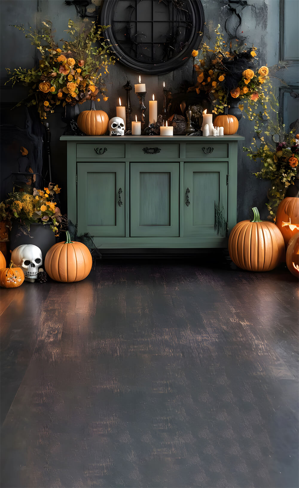 Halloween Rustic Sweep Flowers Pumpkin Backdrop UK RR8-398