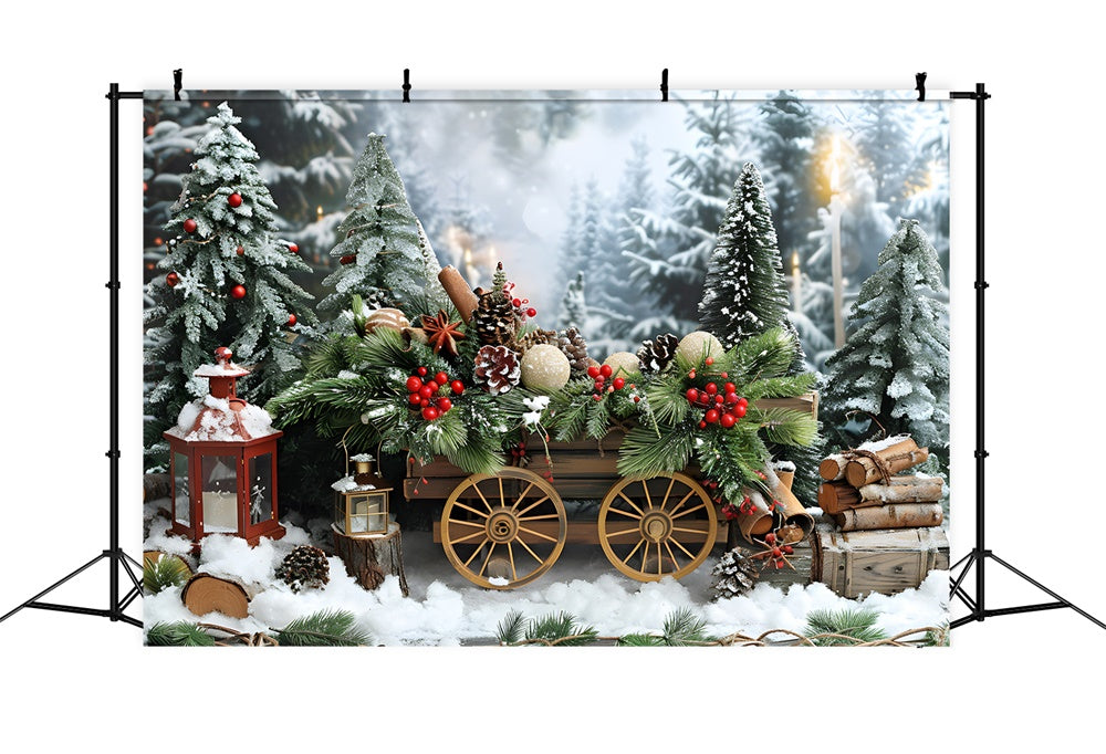 Christmas Snow Wooden Cart Fir Trees Backdrop UK RR8-4