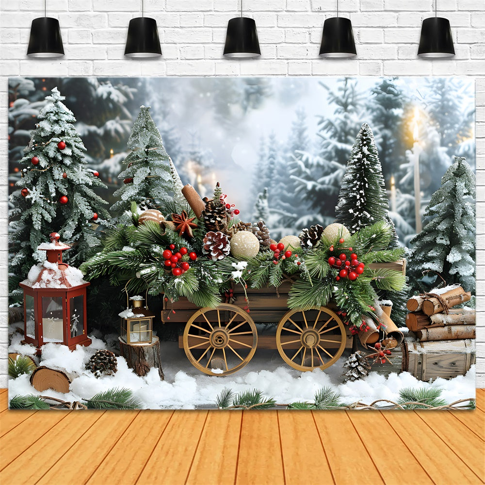 Christmas Snow Wooden Cart Fir Trees Backdrop UK RR8-4