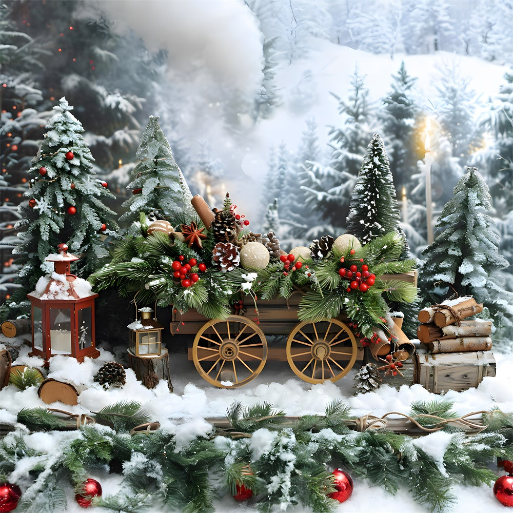 Christmas Snow Wooden Cart Fir Trees Backdrop UK RR8-4