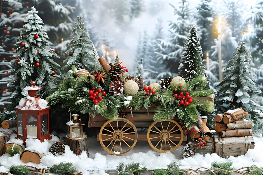 Christmas Snow Wooden Cart Fir Trees Backdrop UK RR8-4