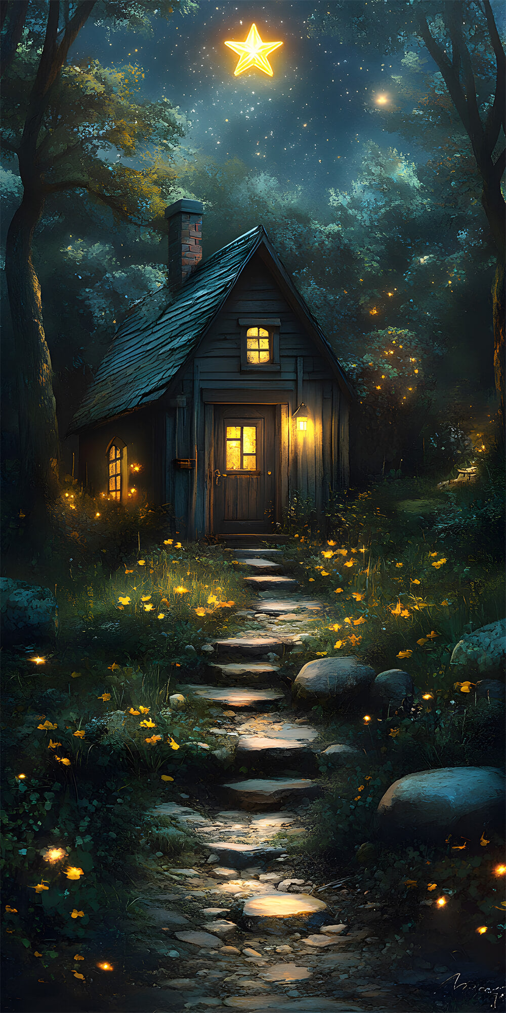 Forest Stone Path Sweep Starry Night House Backdrop UK RR8-402