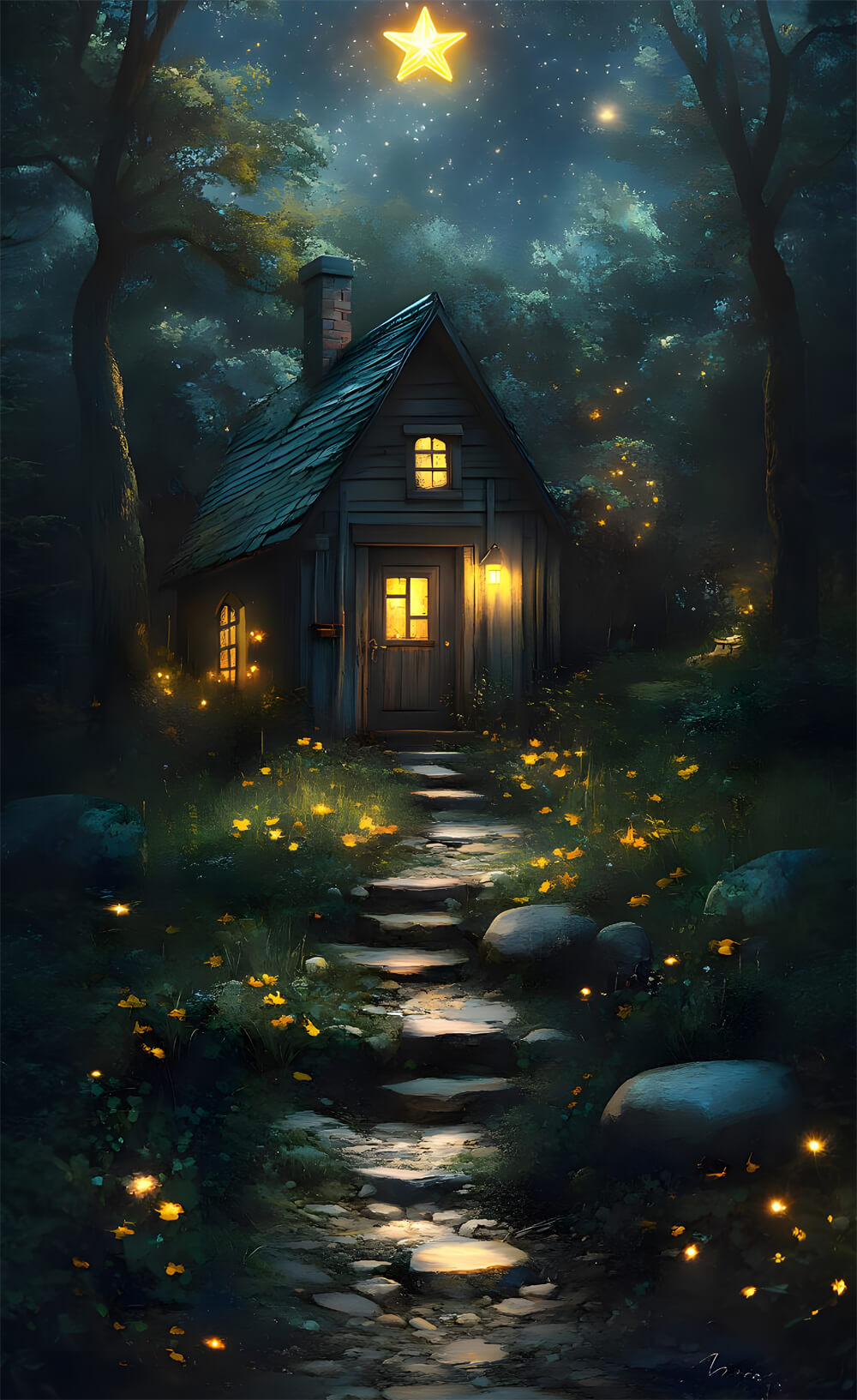 Forest Stone Path Sweep Starry Night House Backdrop UK RR8-402