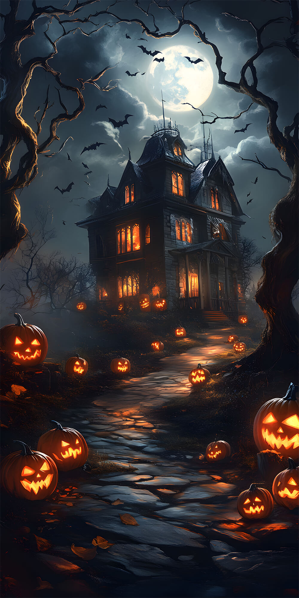 Halloween Night Sweep Full Moon Haunted House Backdrop UK RR8-405