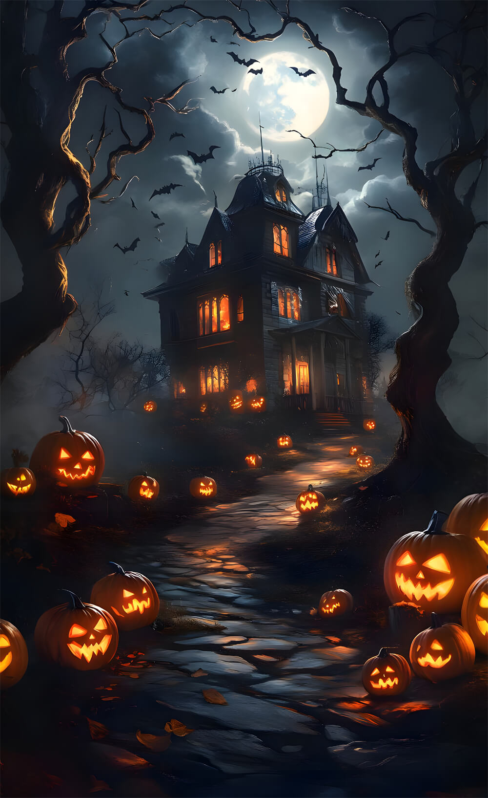 Halloween Night Sweep Full Moon Haunted House Backdrop UK RR8-405