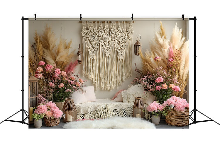 Boho Pampas Floral Macrame Lounge Backdrop UK RR8-414