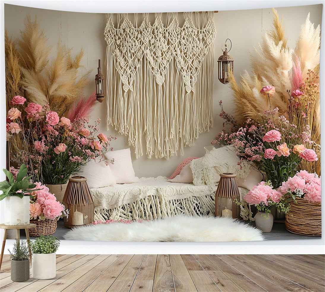 Boho Pampas Floral Macrame Lounge Backdrop UK RR8-414