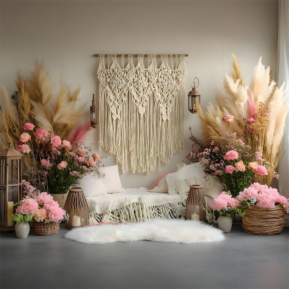 Boho Pampas Floral Macrame Lounge Backdrop UK RR8-414