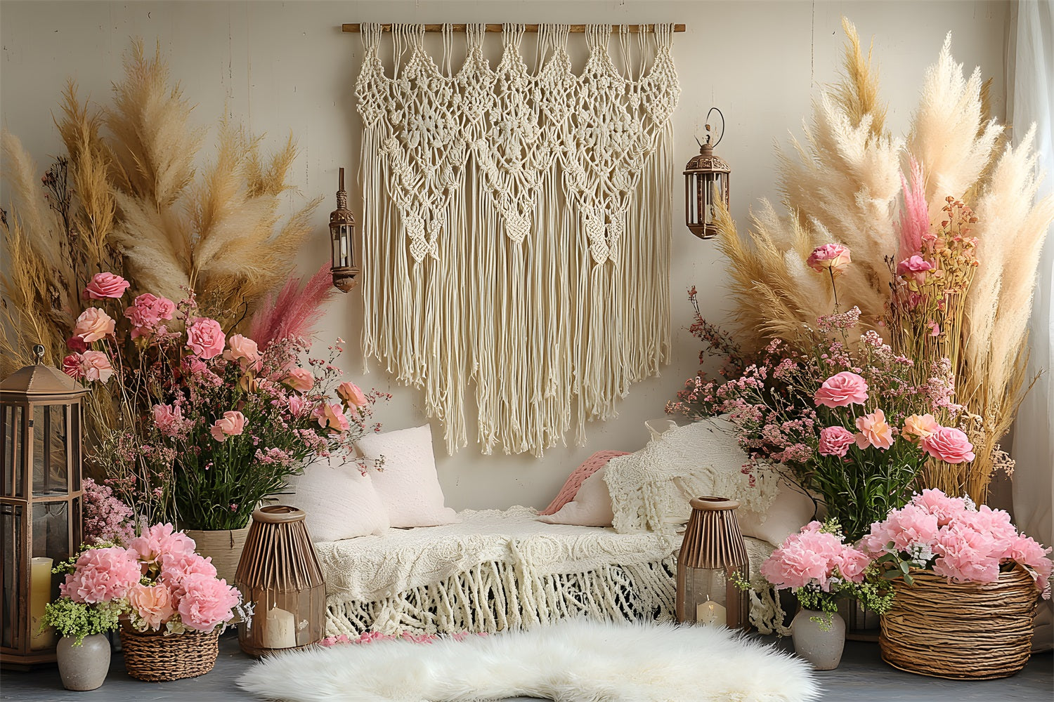 Boho Pampas Floral Macrame Lounge Backdrop UK RR8-414