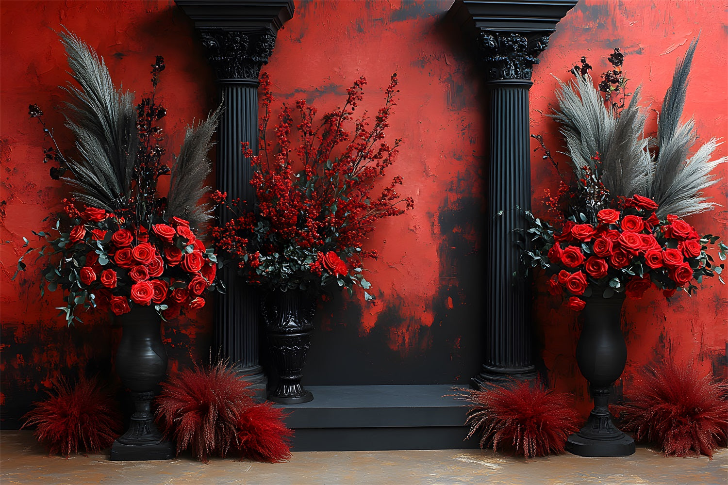 Gothic Red Rose Black Column Boho Backdrop UK RR8-420