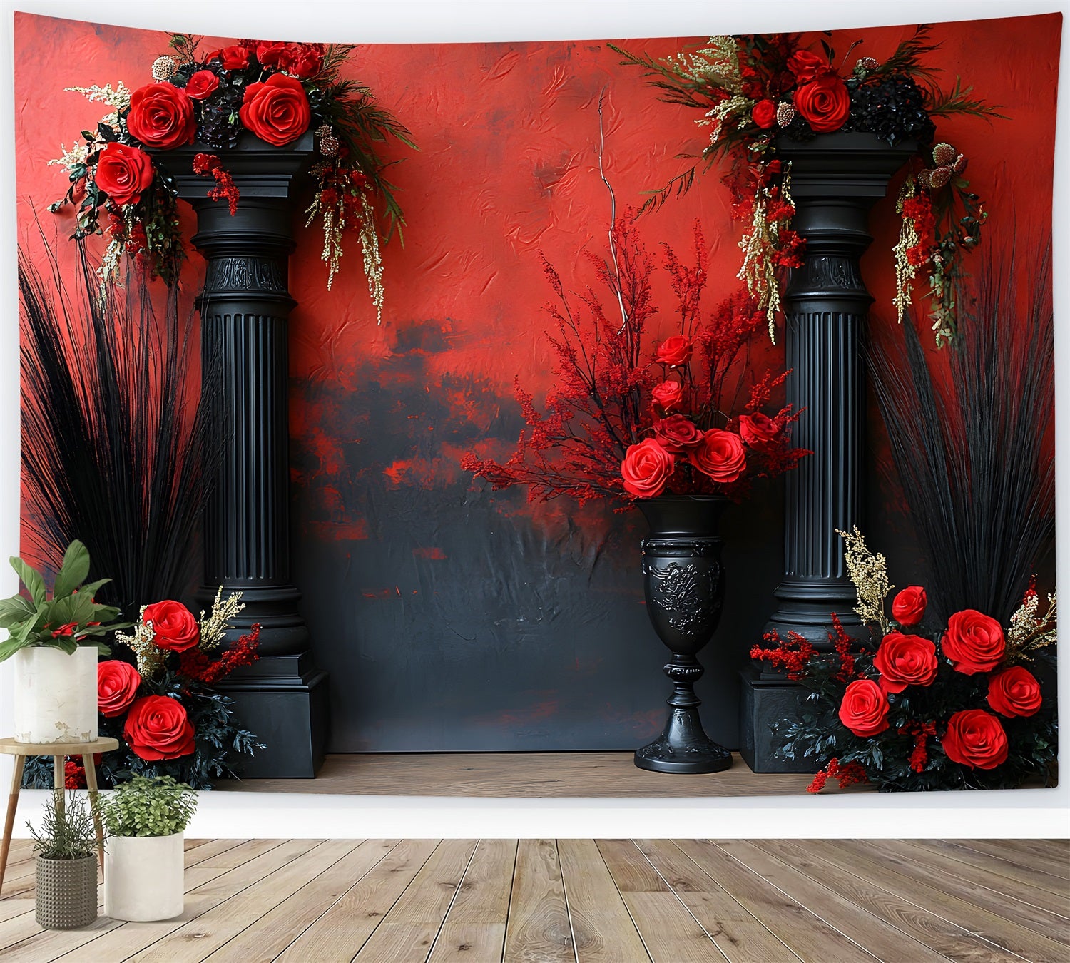 Dramatic Red Black Boho Floral Backdrop UK RR8-421