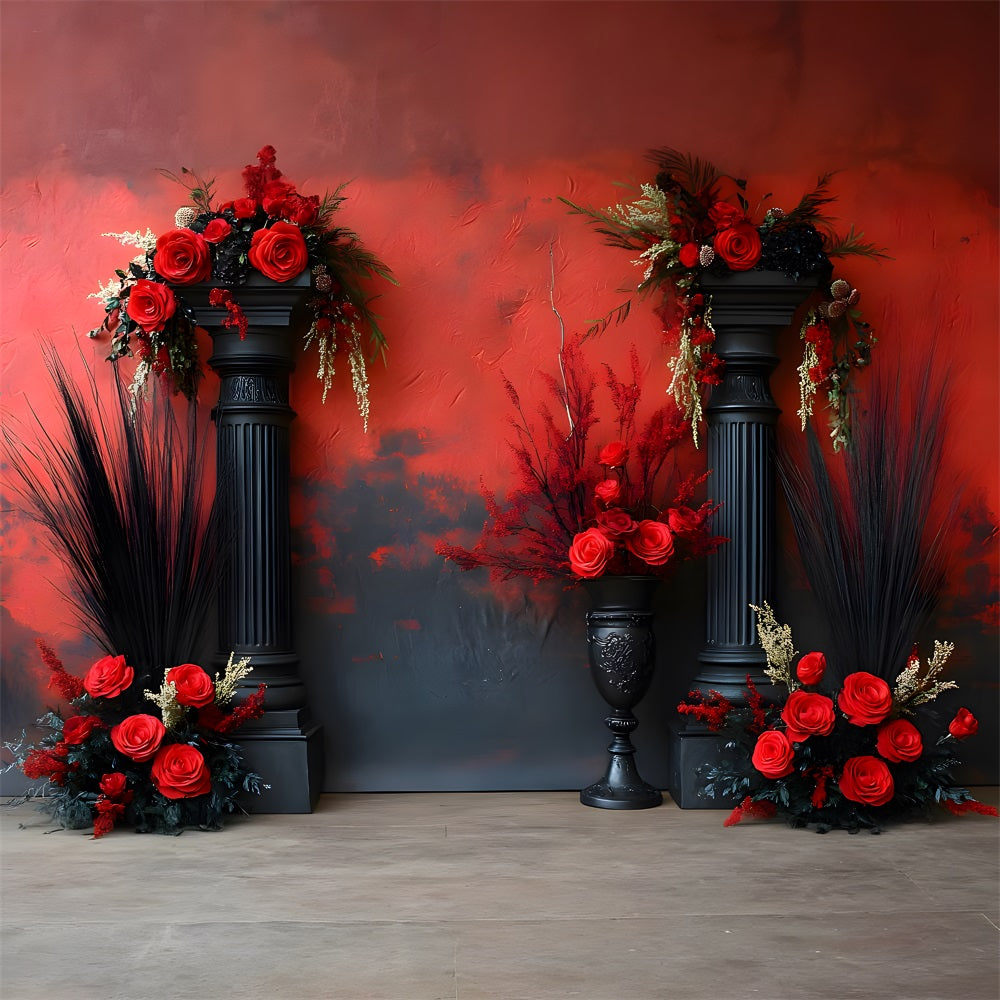 Dramatic Red Black Boho Floral Backdrop UK RR8-421