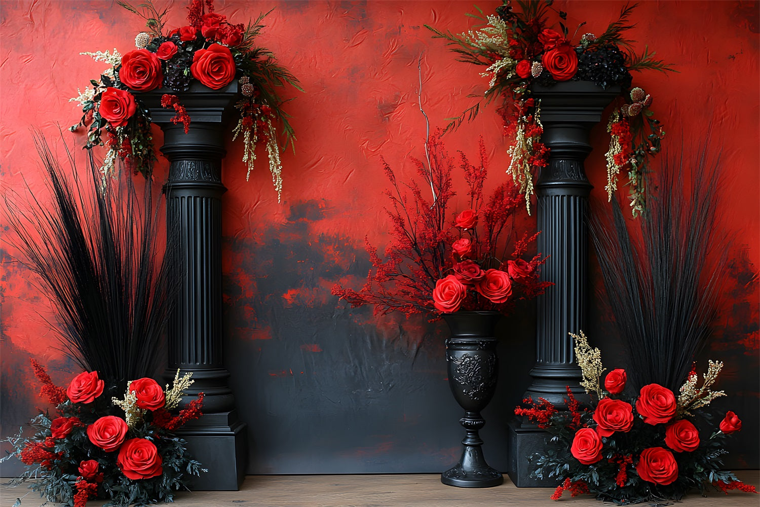 Dramatic Red Black Boho Floral Backdrop UK RR8-421