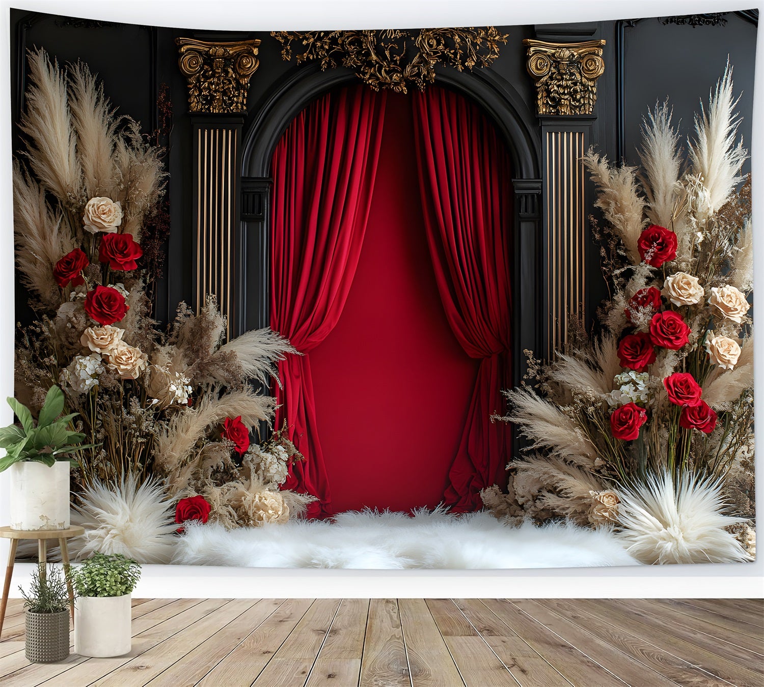 Luxurious Red Velvet Boho Curtain Backdrop UK RR8-423