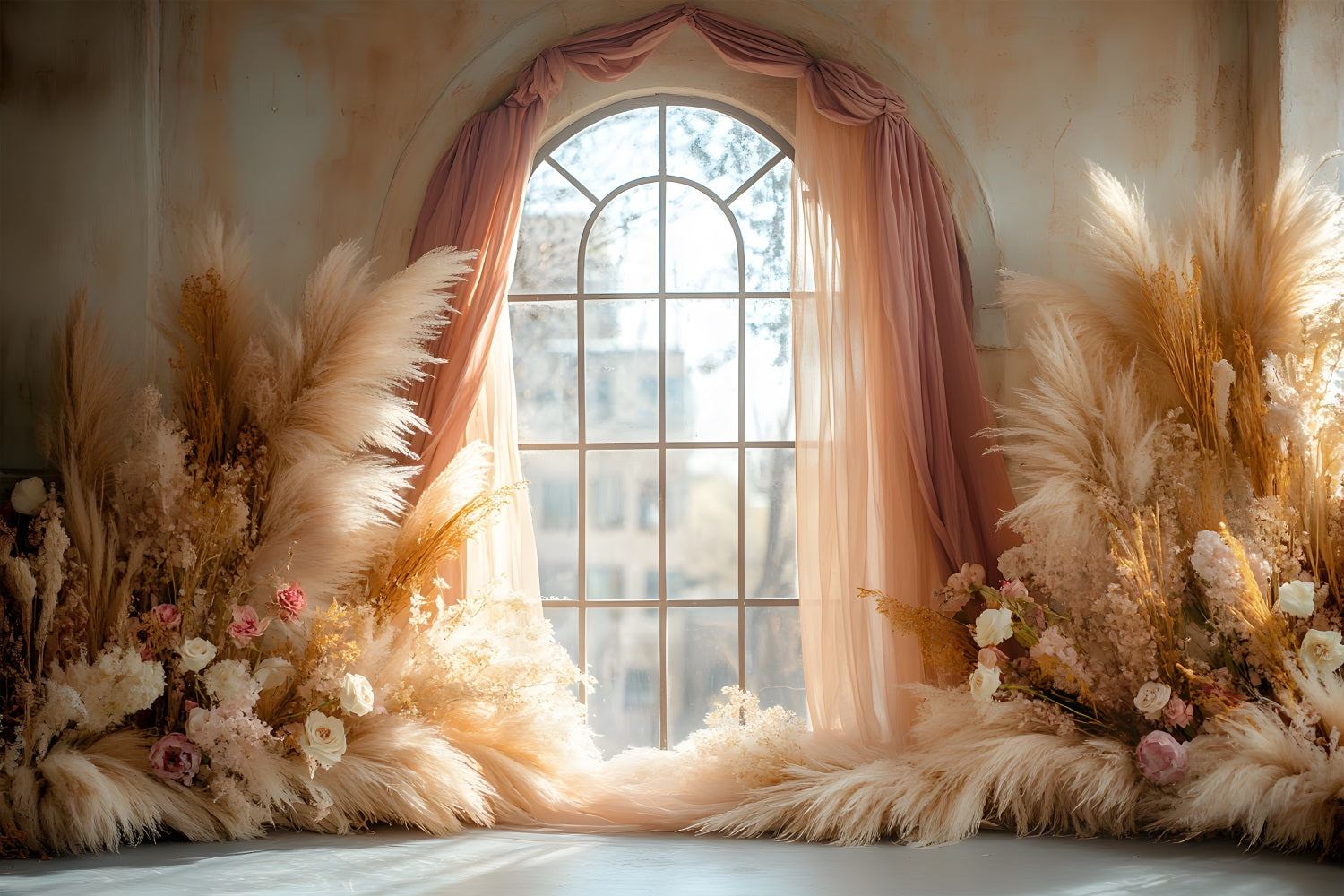 Soft Pampas Boho Window Arch Backdrop UK RR8-426