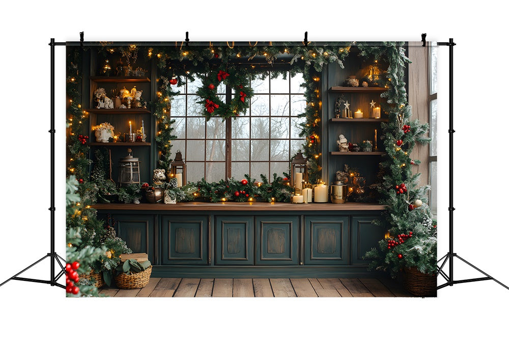 Christmas Kitchen Wreath Lights Backdrop UK RR8-43