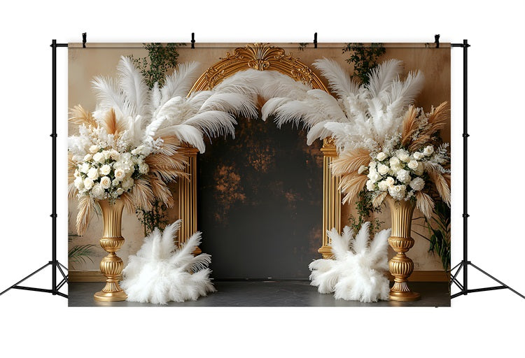 Opulent Gold and Feather Boho Arch Backdrop UK RR8-447