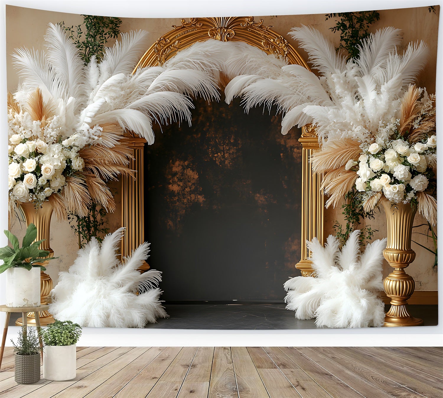 Opulent Gold and Feather Boho Arch Backdrop UK RR8-447