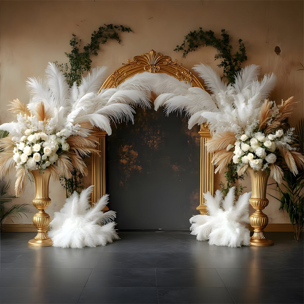 Opulent Gold and Feather Boho Arch Backdrop UK RR8-447