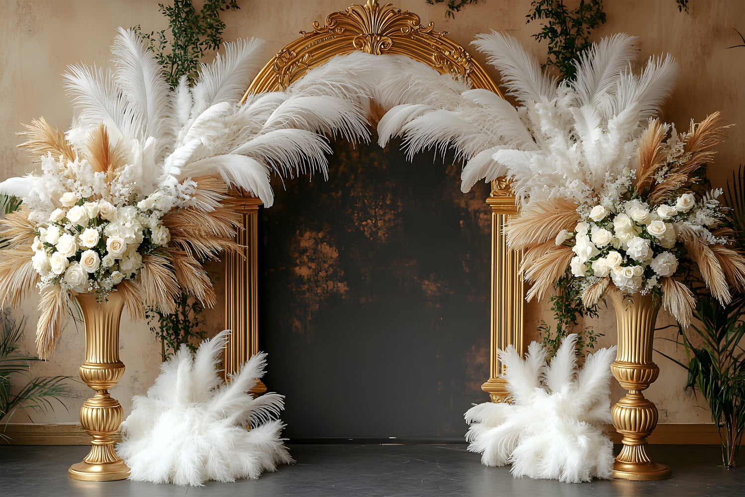 Opulent Gold and Feather Boho Arch Backdrop UK RR8-447