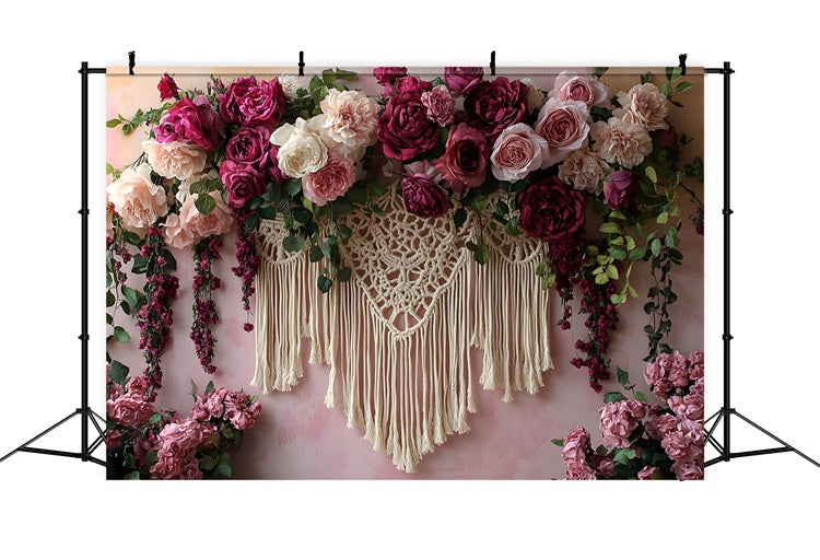 Deep Burgundy Macrame Boho Floral Backdrop UK RR8-449