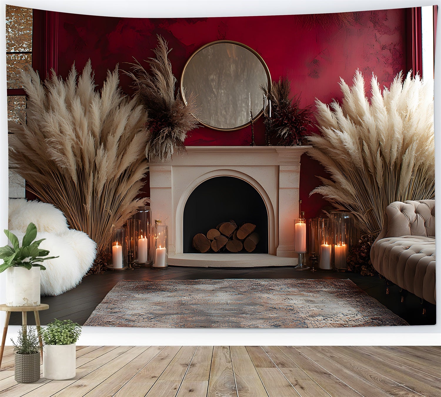 Luxe Boho Fireplace Pampas Backdrop UK RR8-454