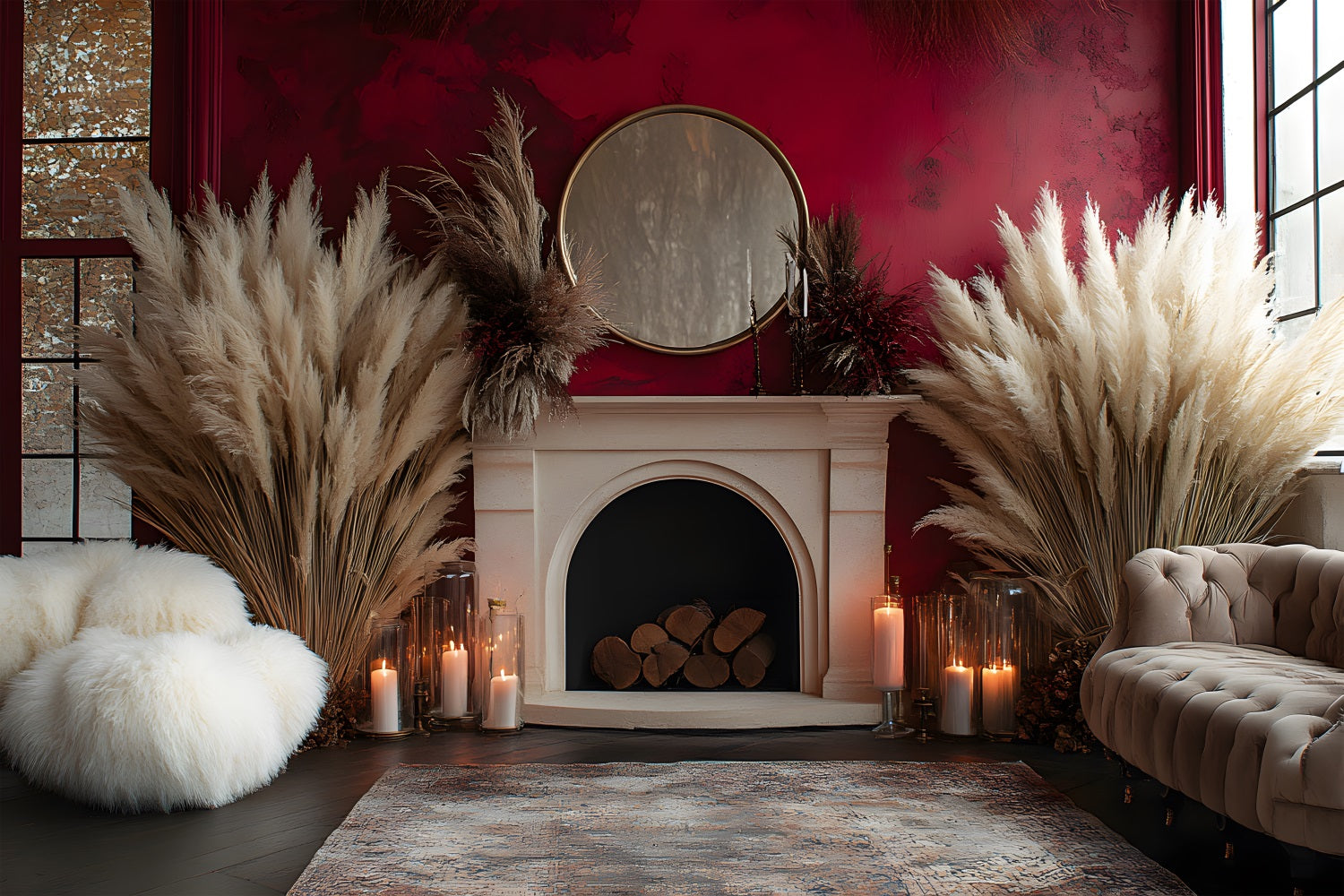 Luxe Boho Fireplace Pampas Backdrop UK RR8-454