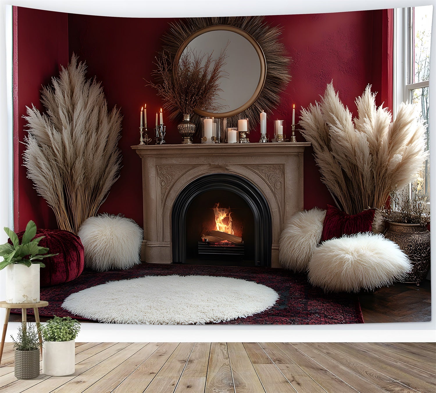 Cozy Boho Pampas Fireplace Backdrop UK RR8-455