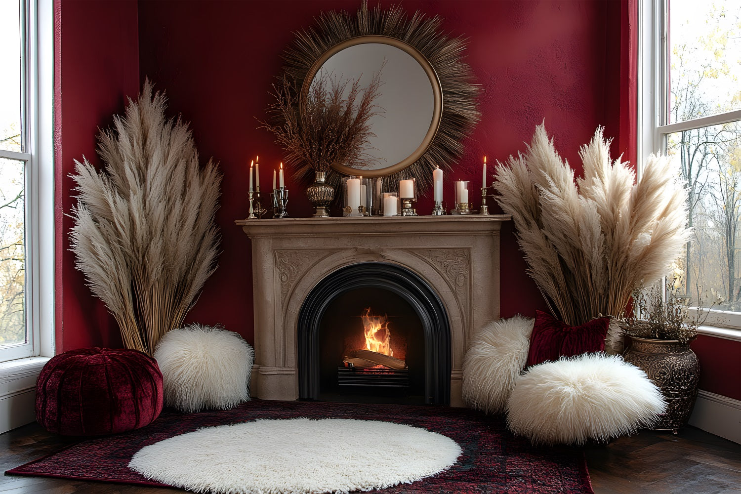 Cozy Boho Pampas Fireplace Backdrop UK RR8-455