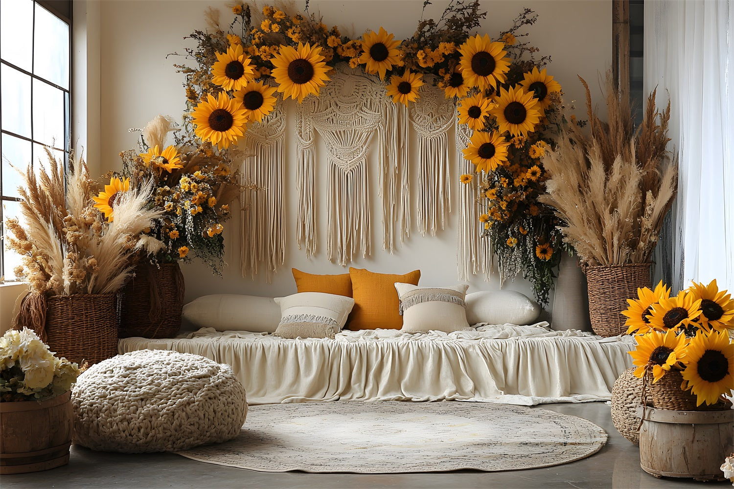 Sunflower Macrame Boho Lounge Backdrop UK RR8-456