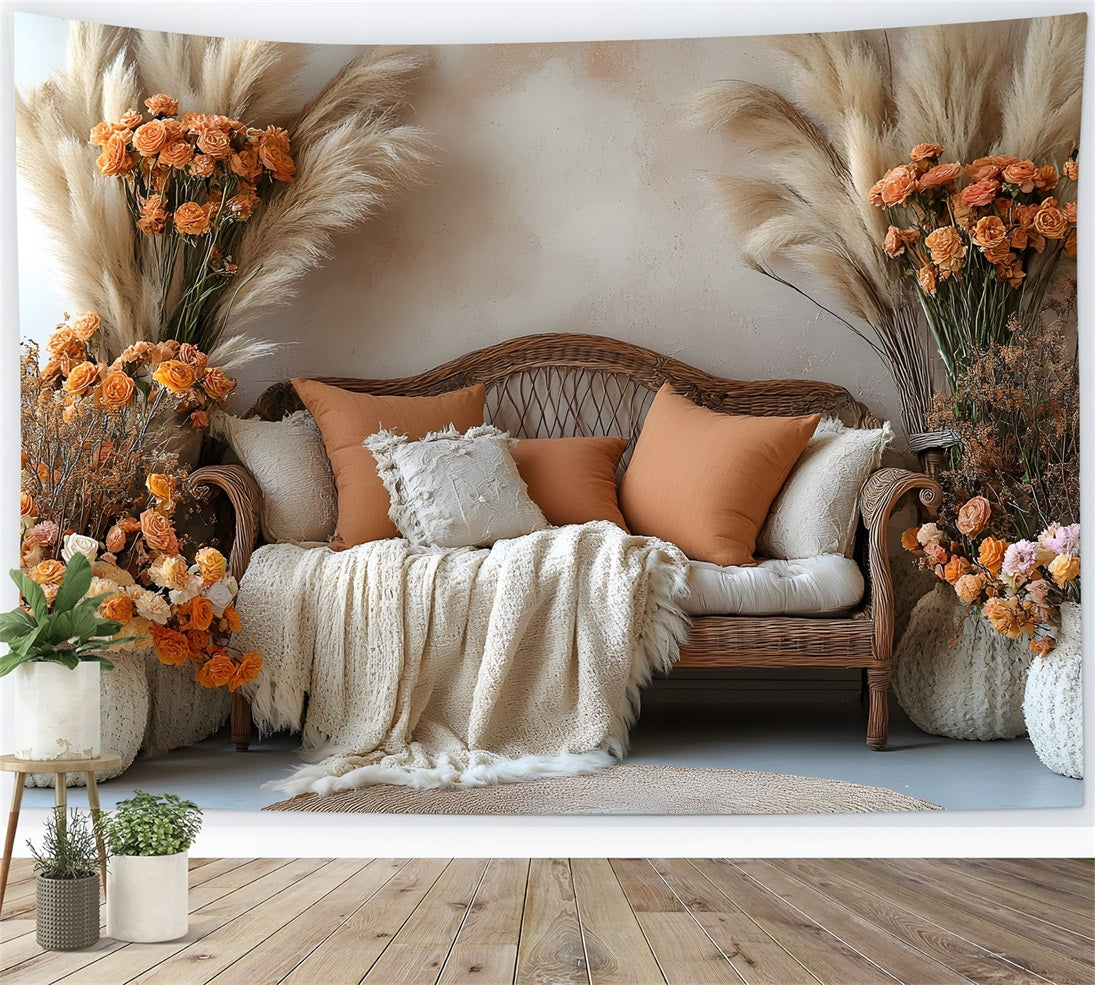 Warm Boho Rattan and Pampas Backdrop UK RR8-457