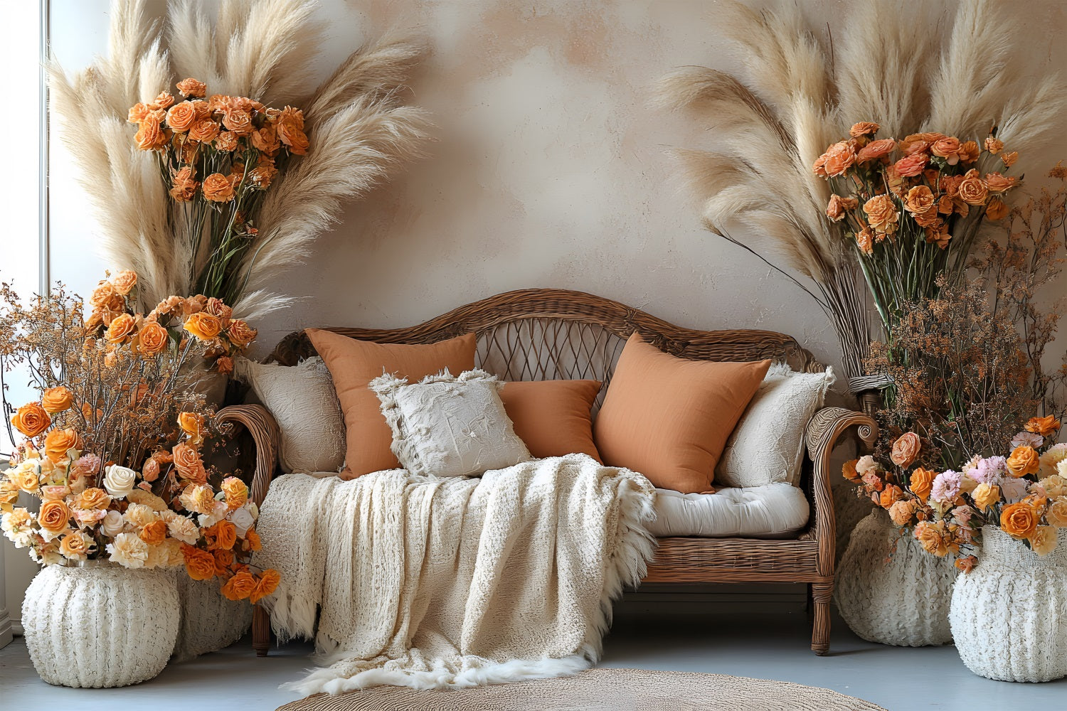 Warm Boho Rattan and Pampas Backdrop UK RR8-457