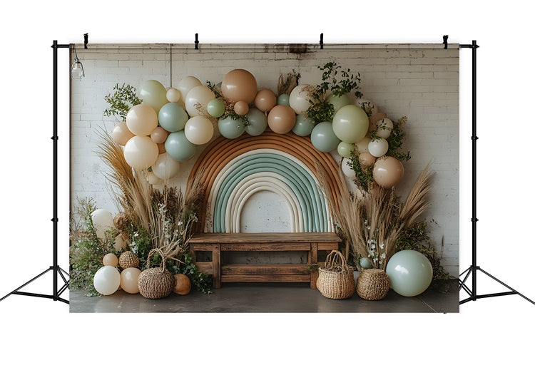 Neutral Boho Rainbow Balloon Backdrop UK RR8-458