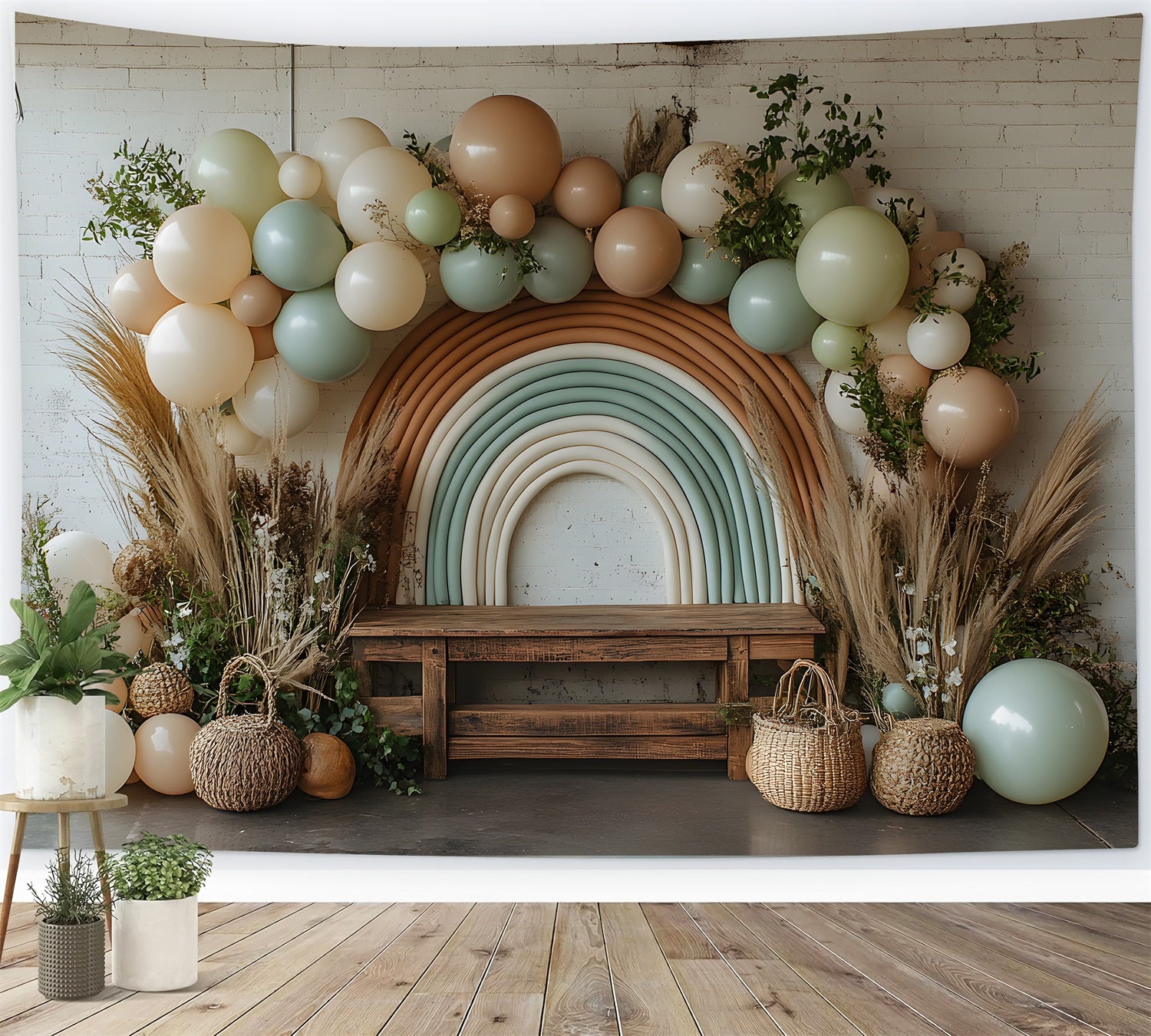 Neutral Boho Rainbow Balloon Backdrop UK RR8-458