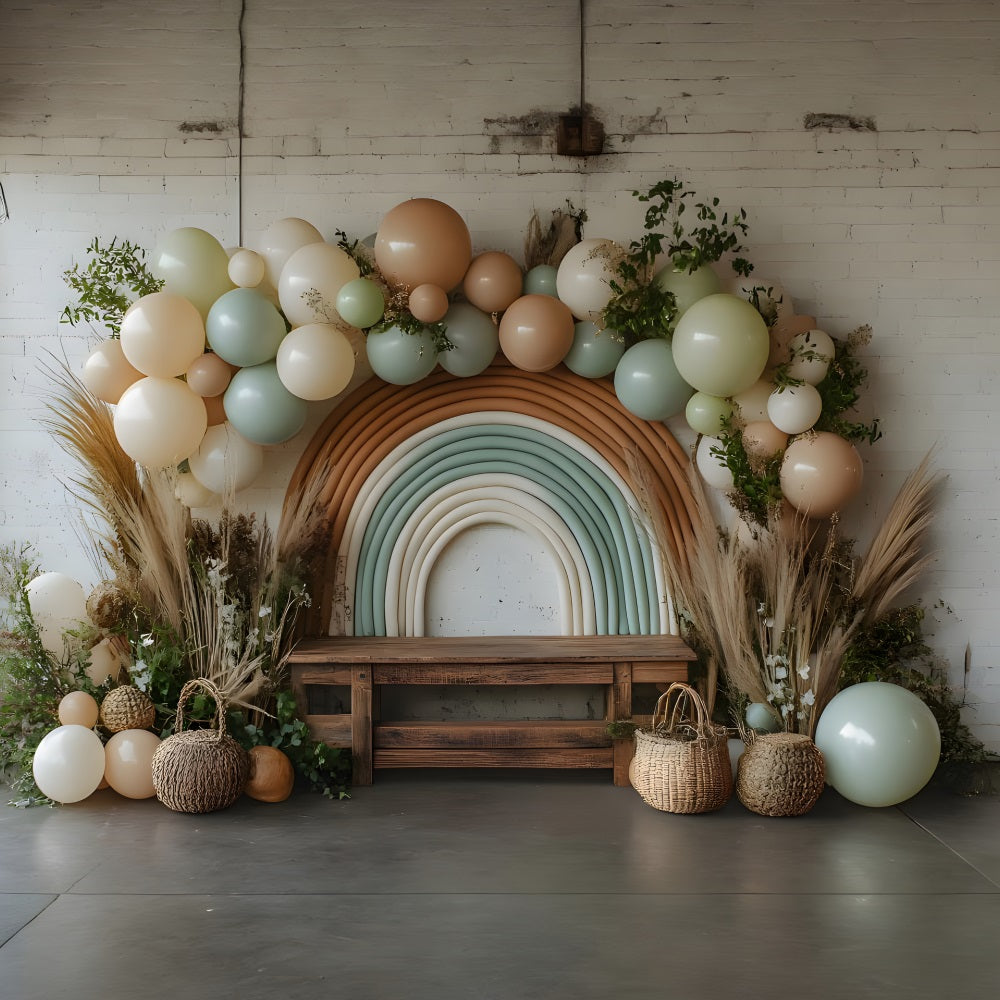 Neutral Boho Rainbow Balloon Backdrop UK RR8-458