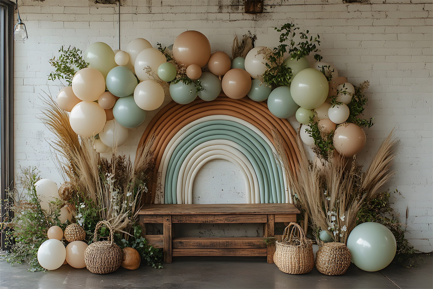 Neutral Boho Rainbow Balloon Backdrop UK RR8-458