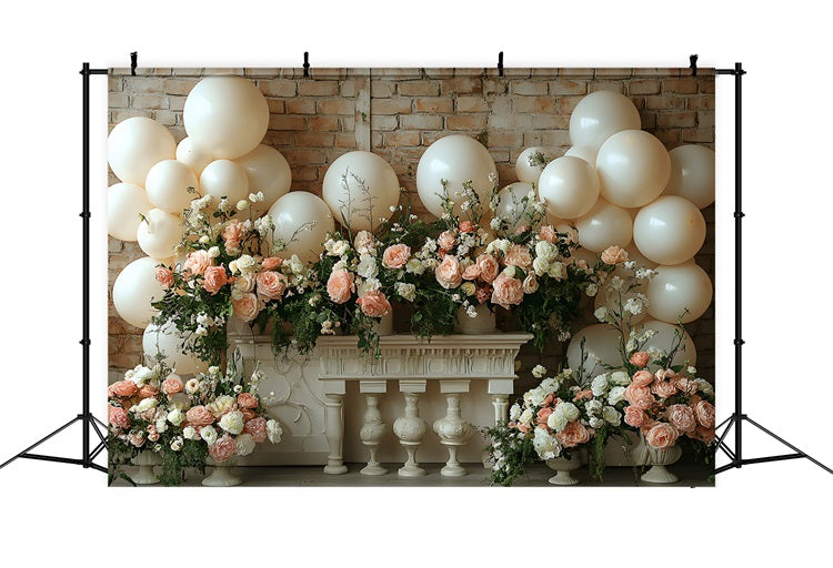 Brick Wall Boho Balloon Floral Backdrop UK RR8-469